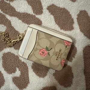 Coach Beige Floral Card Holder with Gold Chain